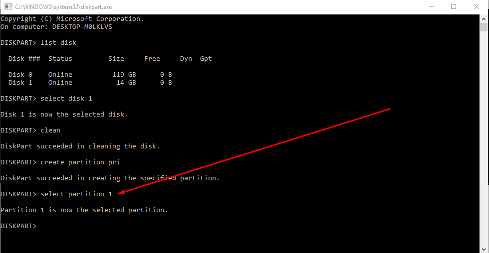 how to create bootable usb (select partition 1)